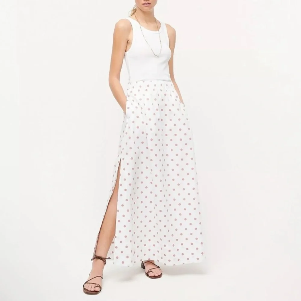 J. Crew White Pink Polka Dot Cotton Maxi Skirt Pockets Side Slit Size M - Picture 1 of 13